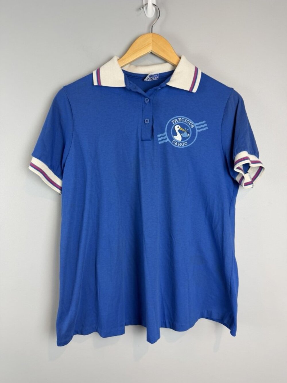 80s Maternity Polo Shirt Womens size Medium Collared Blue Precious Cargo Stork